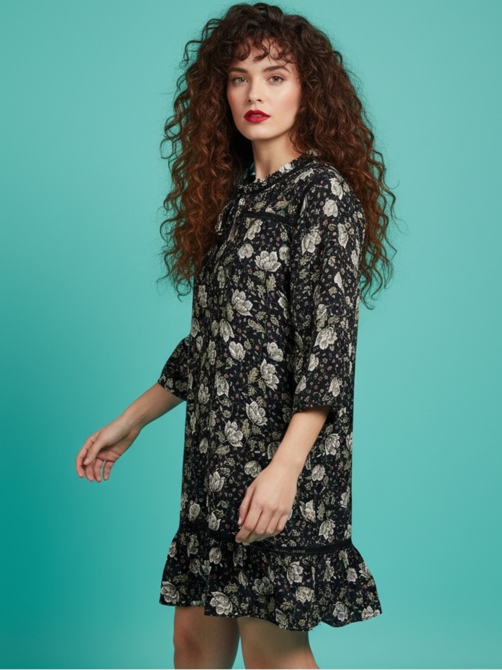 Tribal Jeans Black White Floral Babydoll Dress Size M